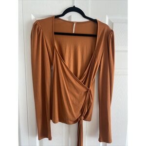 Free People Womens Medium Copper Brown Faux Wrap Top Penny Mesa Combo Long Sleev